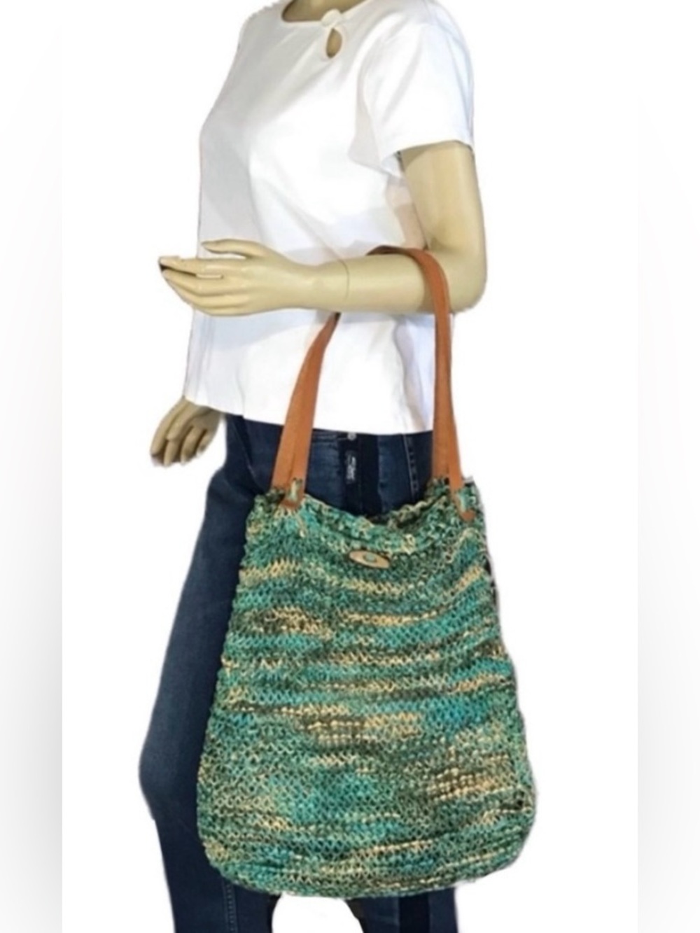 LINDA'S ORIGINAL GREEN, AQUA & TAN STRAW WITH LEATHER STRAPS LARGE TOTE BAG